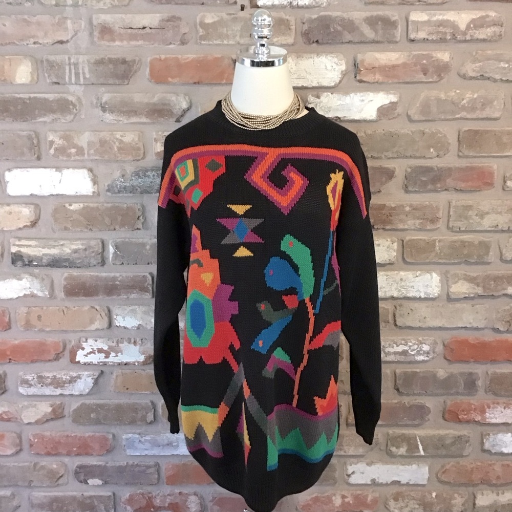 DONAGAIN Women’s Vintage 80’s Bright Multicolored Long Pullover Tunic Sweater M - Picture 4 of 8
